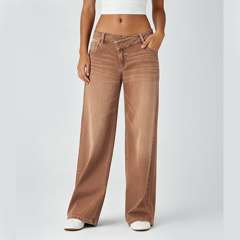 💝 Last Day Deal⏰ Flex Low-Rise Asymmetric Baggy Wide-Leg Washed Jeans with Zipper Pockets