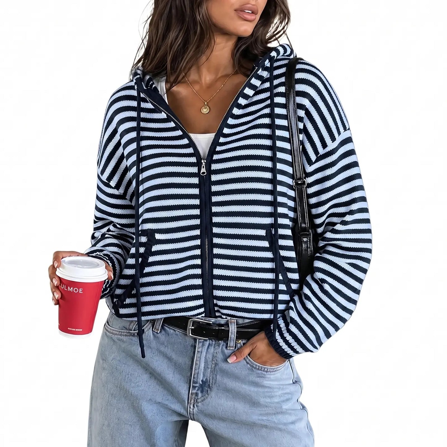 🔥Womens Striped Zip Up Hoodie Long Sleeve Cardigan Sweatshirts Oversized Crop Sweaters Jackets Y2K Fall Outfits🔥