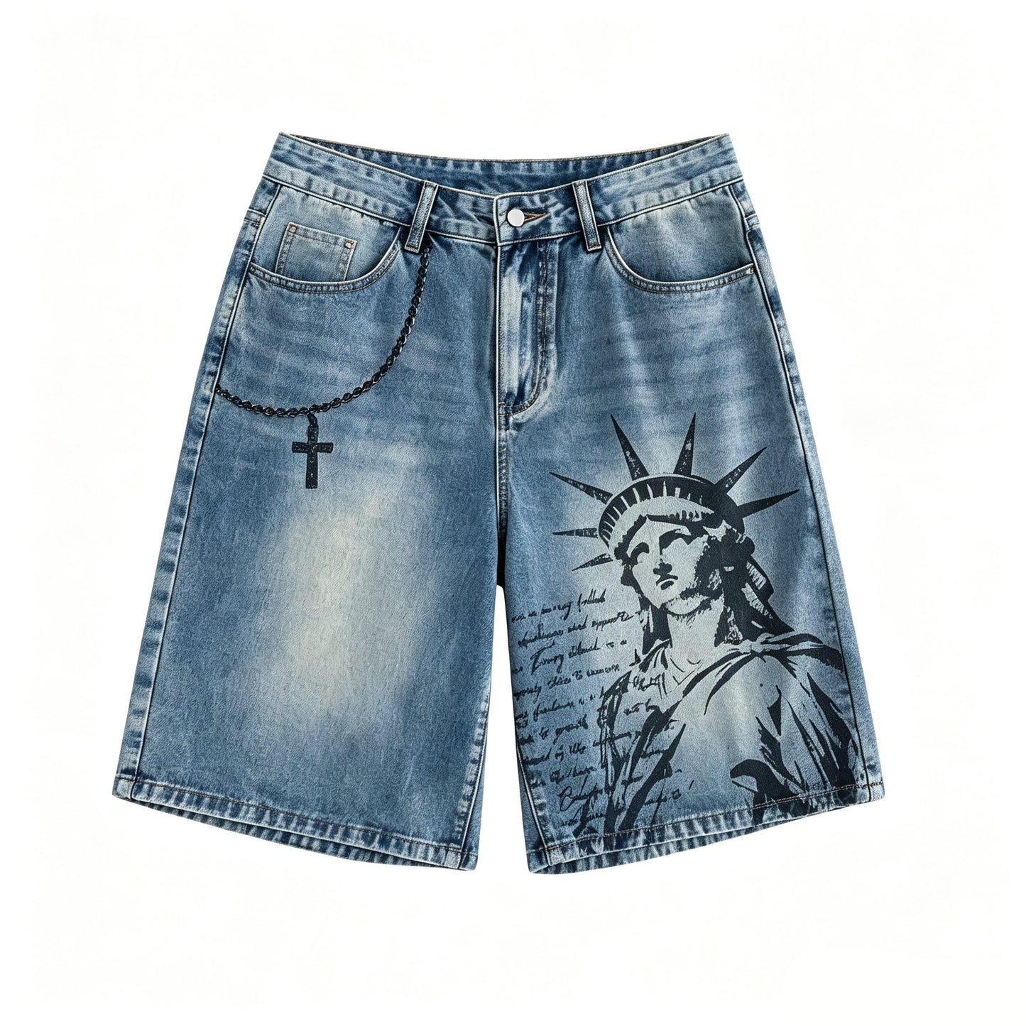 American Style Statue of Liberty Print Summer Retro Denim Jeans Shorts