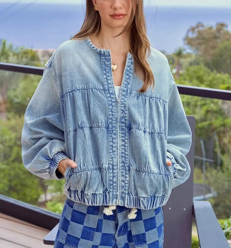 Women's Spring & Autumn Floral Denim Jacket Casual Loose Short Coat with Pockets