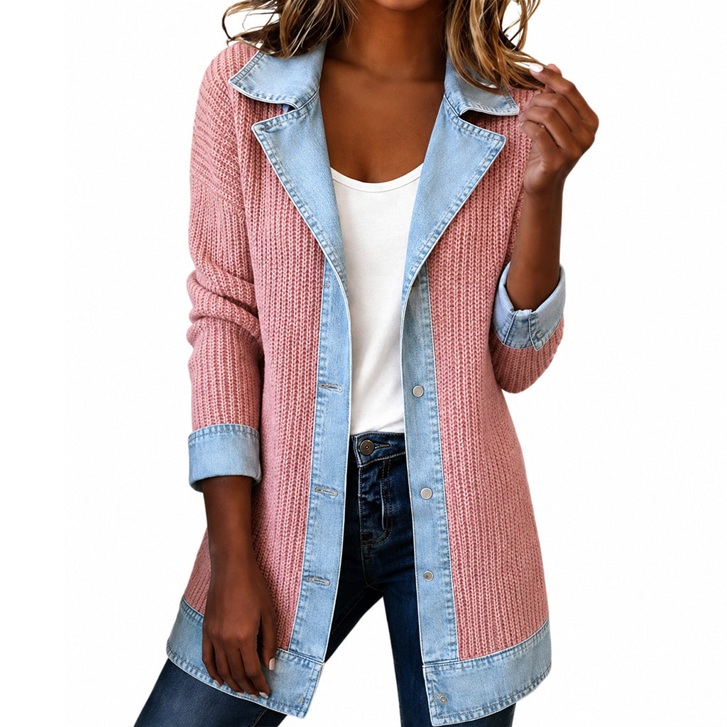 ⌛Limited-Time Offer - Women’s Elegant Denim Spliced Ribbed Knit Coat