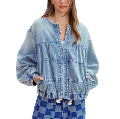 Women's Spring & Autumn Floral Denim Jacket  Casual Loose Short Coat with Pockets