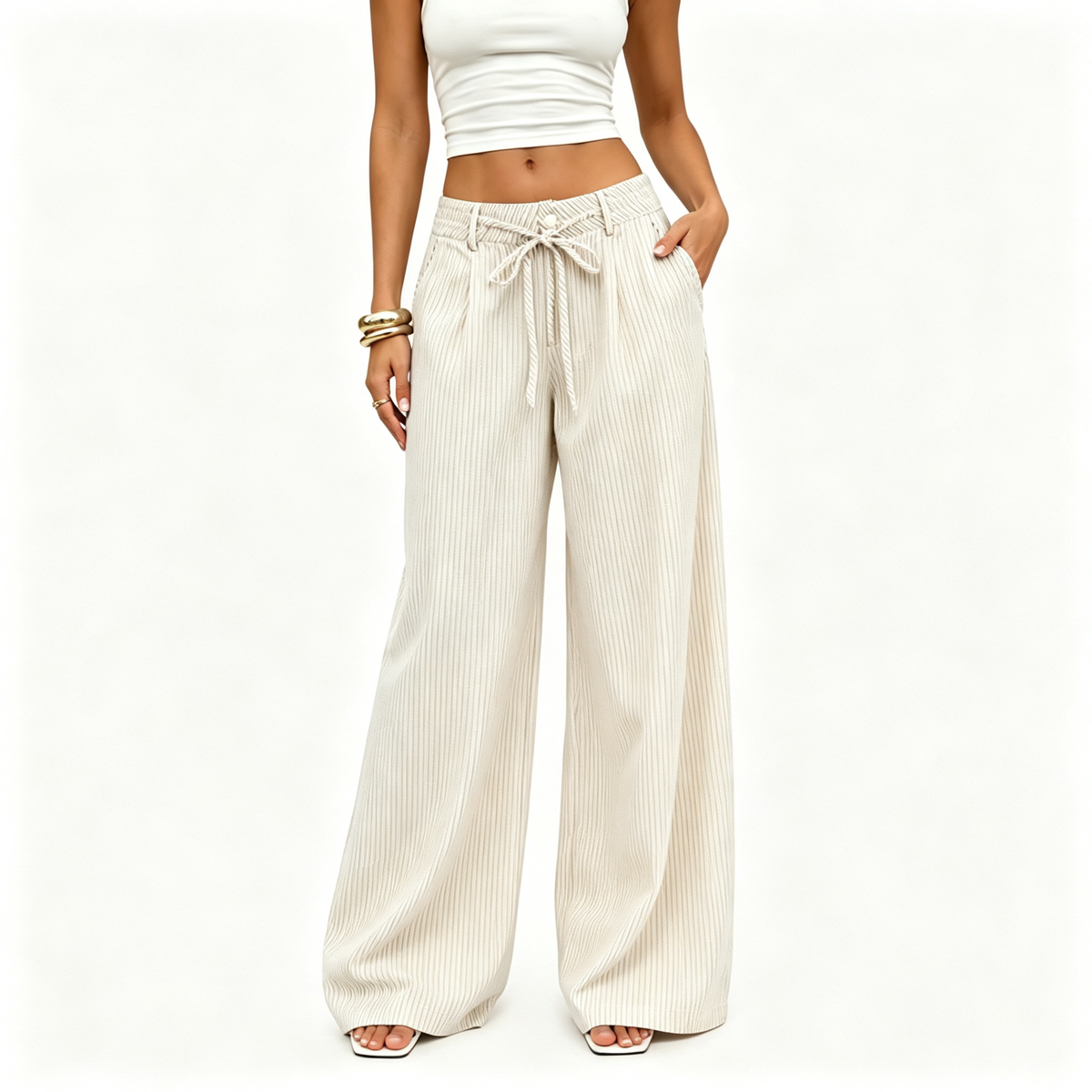 ⚡FINAL SALE⚡- Women's  Striped With Pockets Black Baggy Low Rise Wide Leg Pants