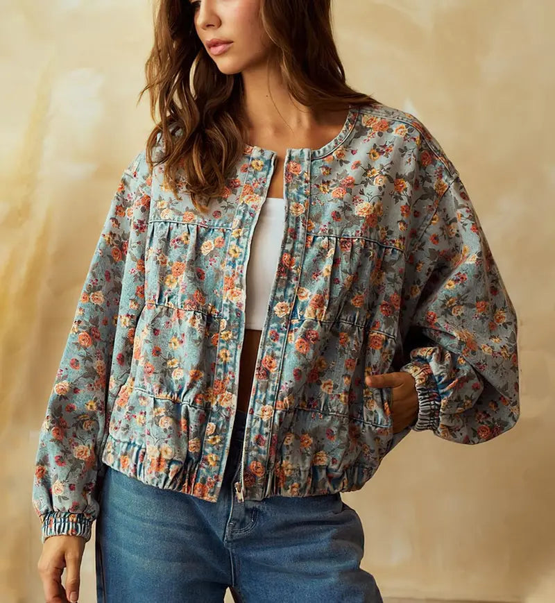 Women's Spring & Autumn Floral Denim Jacket  Casual Loose Short Coat with Pockets
