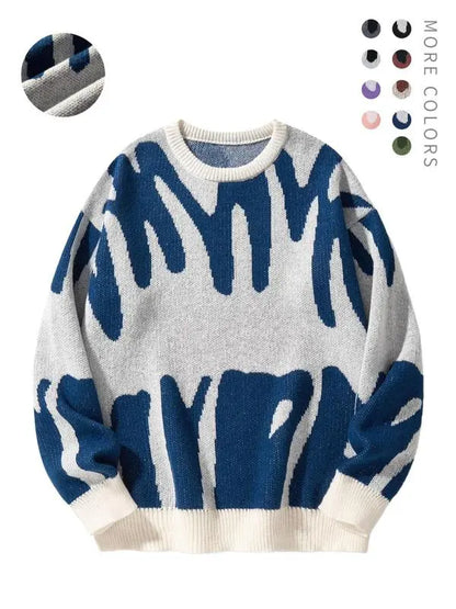 Unisex Men's Round Neck Drop Shoulder Hip Hop Sweater, Regular Fit All Over Print Long Sleeve Knitting Pullover, Drippy Outfits, Going Out Outfit