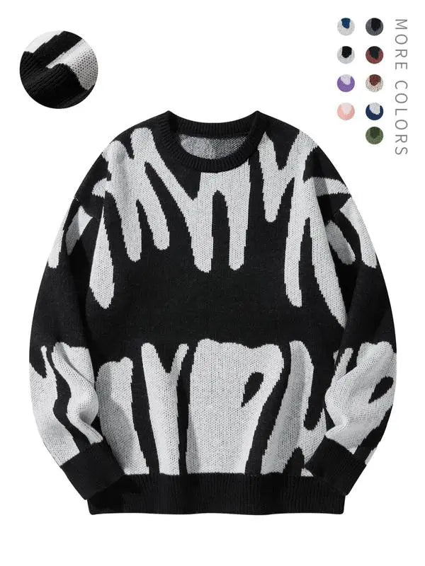 Unisex Men's Round Neck Drop Shoulder Hip Hop Sweater, Regular Fit All Over Print Long Sleeve Knitting Pullover, Drippy Outfits, Going Out Outfit