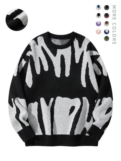 Unisex Men's Round Neck Drop Shoulder Hip Hop Sweater, Regular Fit All Over Print Long Sleeve Knitting Pullover, Drippy Outfits, Going Out Outfit
