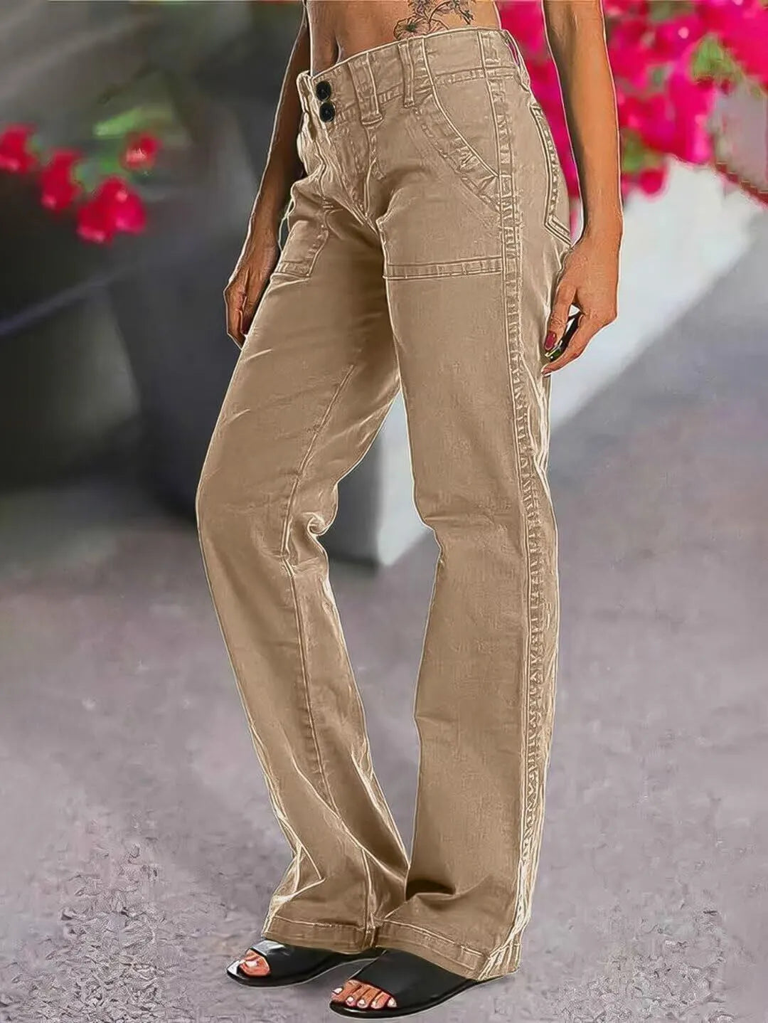 Double Button Mid Waist Straight Leg Pants