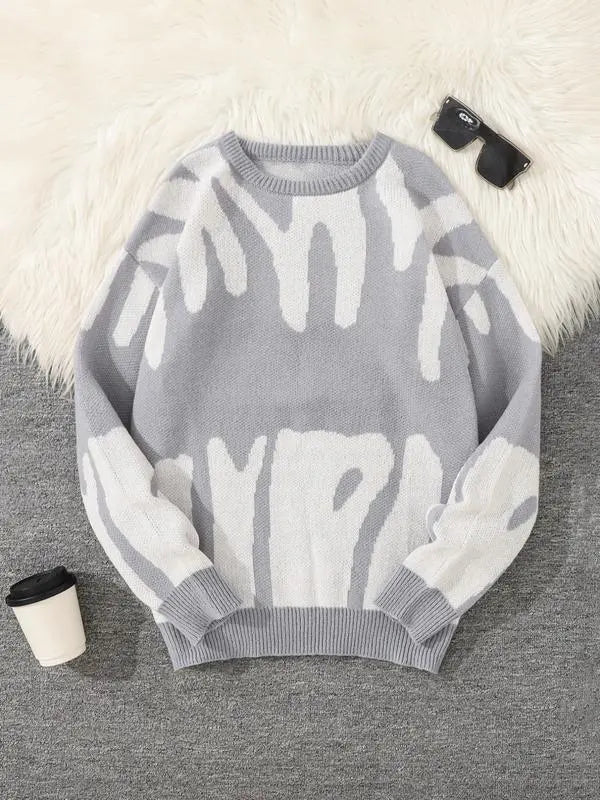Unisex Men's Round Neck Drop Shoulder Hip Hop Sweater, Regular Fit All Over Print Long Sleeve Knitting Pullover, Drippy Outfits, Going Out Outfit