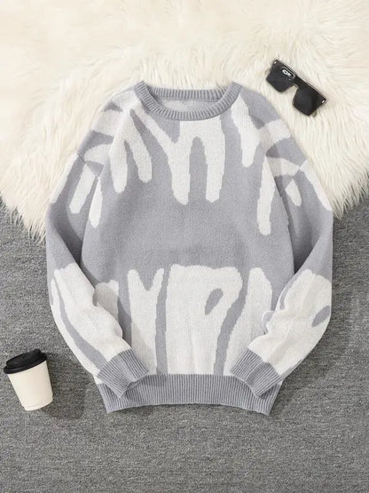 Unisex Men's Round Neck Drop Shoulder Hip Hop Sweater, Regular Fit All Over Print Long Sleeve Knitting Pullover, Drippy Outfits, Going Out Outfit