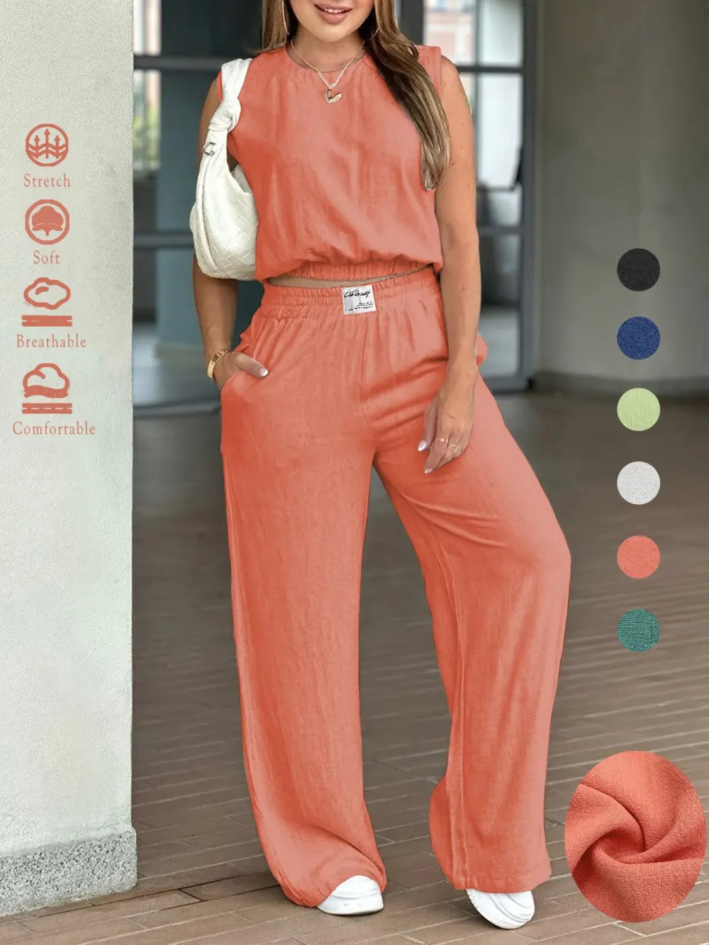 Women's 2-Piece Solid Color Tank Top & Wide Leg Pants Set