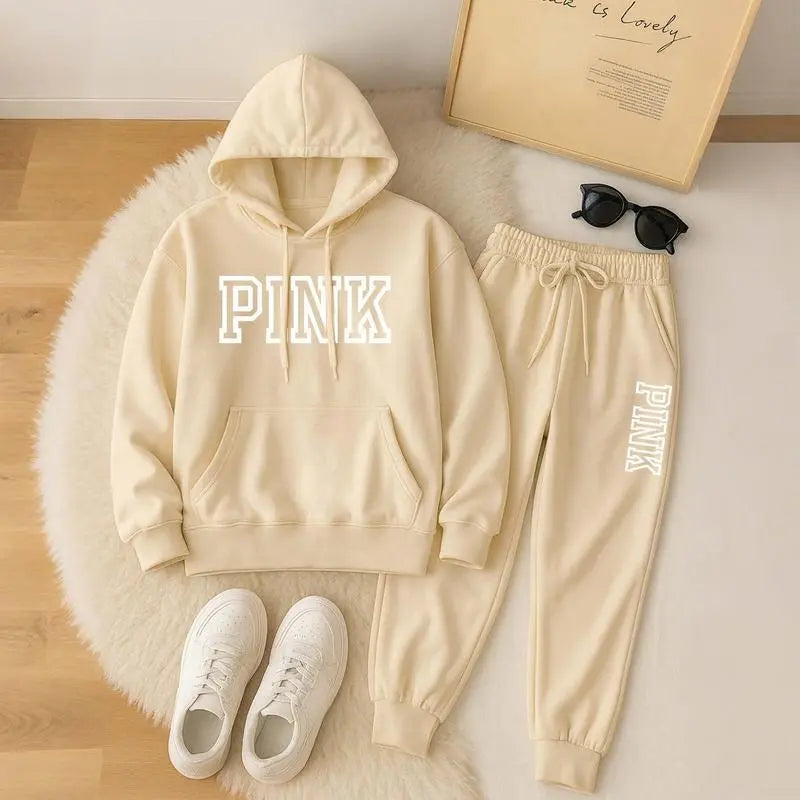 Women's Printed Hooded Sweatshirt And Drawstring Sweatpants Set