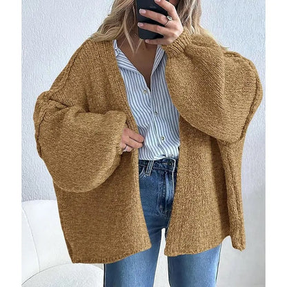Women's Oversized Open Front Cardigan Sweater Fall Long Lantern Sleeve Lightweight Casual Knit Tops