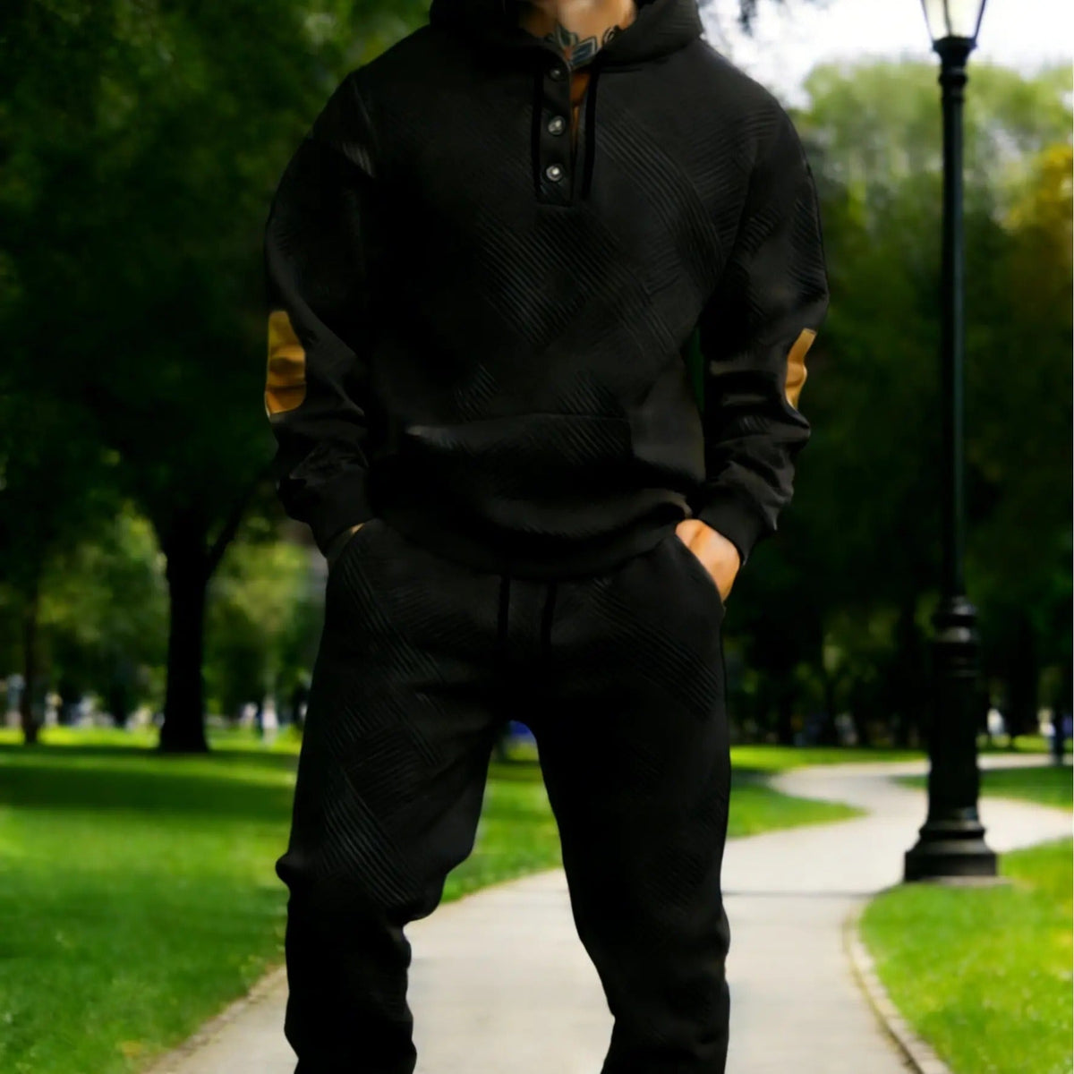Men's 2‑Piece Textured Hoodie Tracksuit, Geometric Pattern Hooded Sweatshirt with Contrast Elbow Patches & Matching Sweatpants