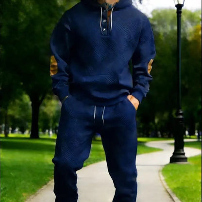 Men's 2‑Piece Textured Hoodie Tracksuit, Geometric Pattern Hooded Sweatshirt with Contrast Elbow Patches & Matching Sweatpants