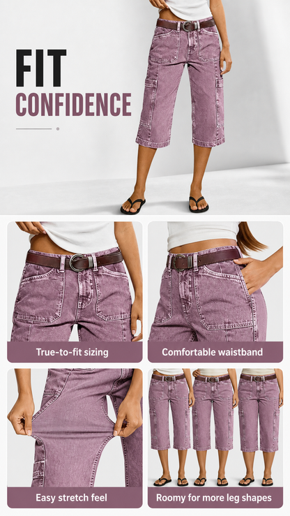 🔥Flash Sale⚡Stitch Detail Side Pocket Mid Waist Straight Leg Capri Pants