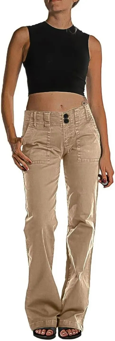 Double Button Mid Waist Straight Leg Pants