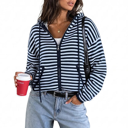 🔥Womens Striped Zip Up Hoodie Long Sleeve Cardigan Sweatshirts Oversized Crop Sweaters Jackets Y2K Fall Outfits🔥