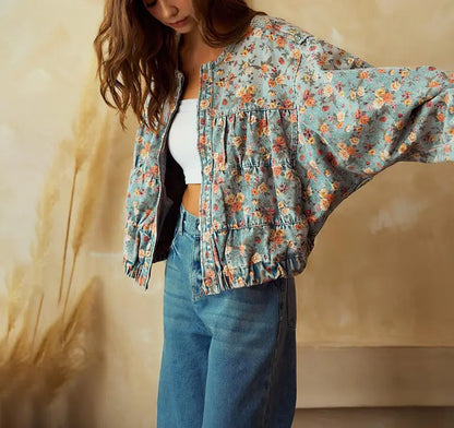 Women's Spring & Autumn Floral Denim Jacket  Casual Loose Short Coat with Pockets