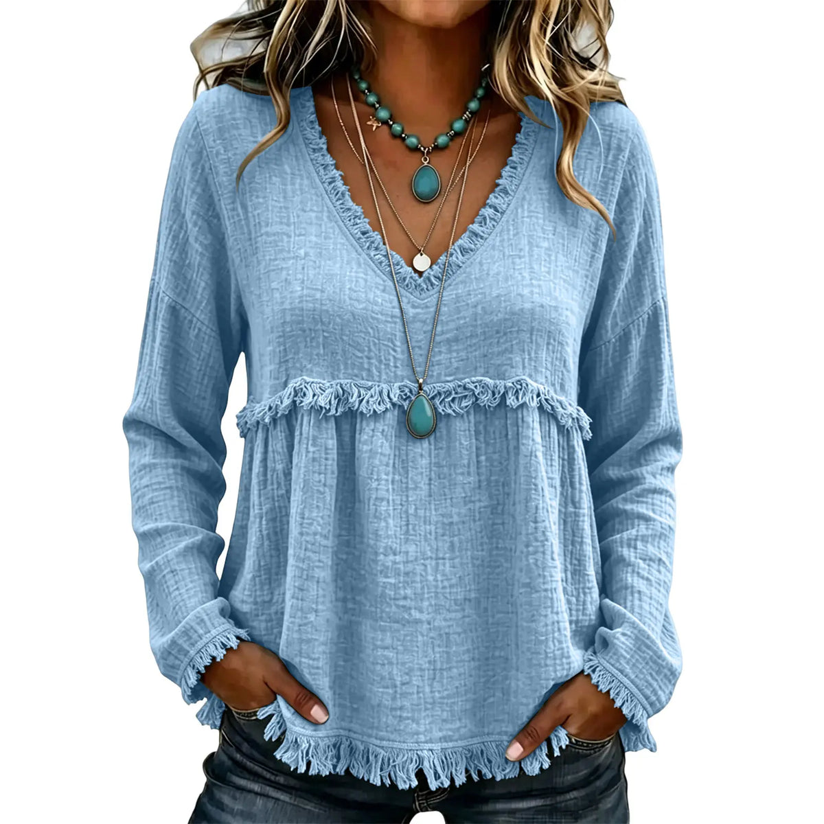 Women’s Boho V Neck Long Sleeve Fringe Top Plus Size