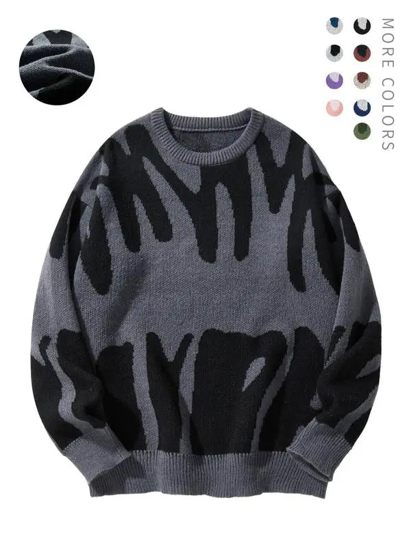 Unisex Men's Round Neck Drop Shoulder Hip Hop Sweater, Regular Fit All Over Print Long Sleeve Knitting Pullover, Drippy Outfits, Going Out Outfit