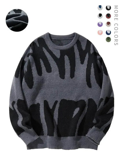 Unisex Men's Round Neck Drop Shoulder Hip Hop Sweater, Regular Fit All Over Print Long Sleeve Knitting Pullover, Drippy Outfits, Going Out Outfit