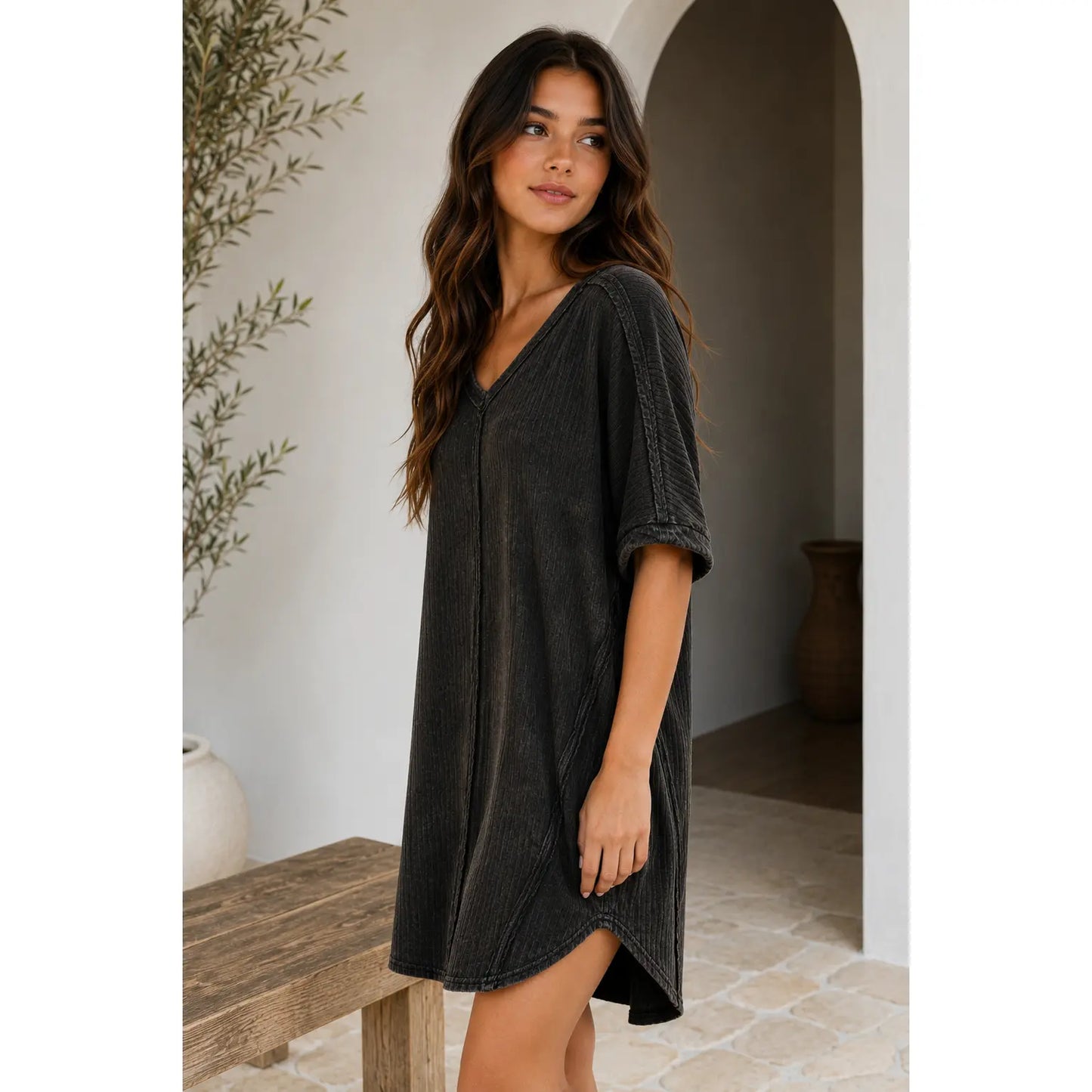 🚨Ends at Midnight ! – Women 's Acid-Washed V-Neck Casual Dressbed