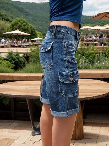 Flap Pocket Roll Hem Denim Bermuda Shorts Without Belt