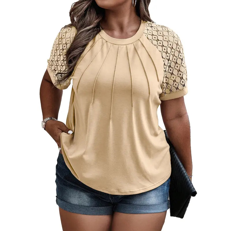 Eytino Plus Size Tops for Women Summer Lace Short Sleeve Crewneck Loose Casual Blouse Tunic T Shirts(1X-5X)