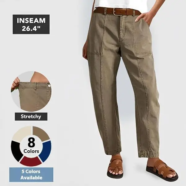 💝Last Day Promotion⚡- Solid Mid-Rise Baby Barrel Pants, High Stretch, Deep Pockets-6