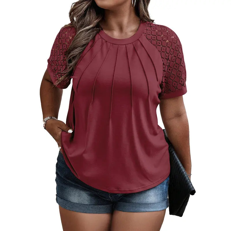 Eytino Plus Size Tops for Women Summer Lace Short Sleeve Crewneck Loose Casual Blouse Tunic T Shirts(1X-5X)