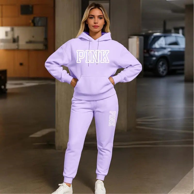 Women's Printed Hooded Sweatshirt And Drawstring Sweatpants Set
