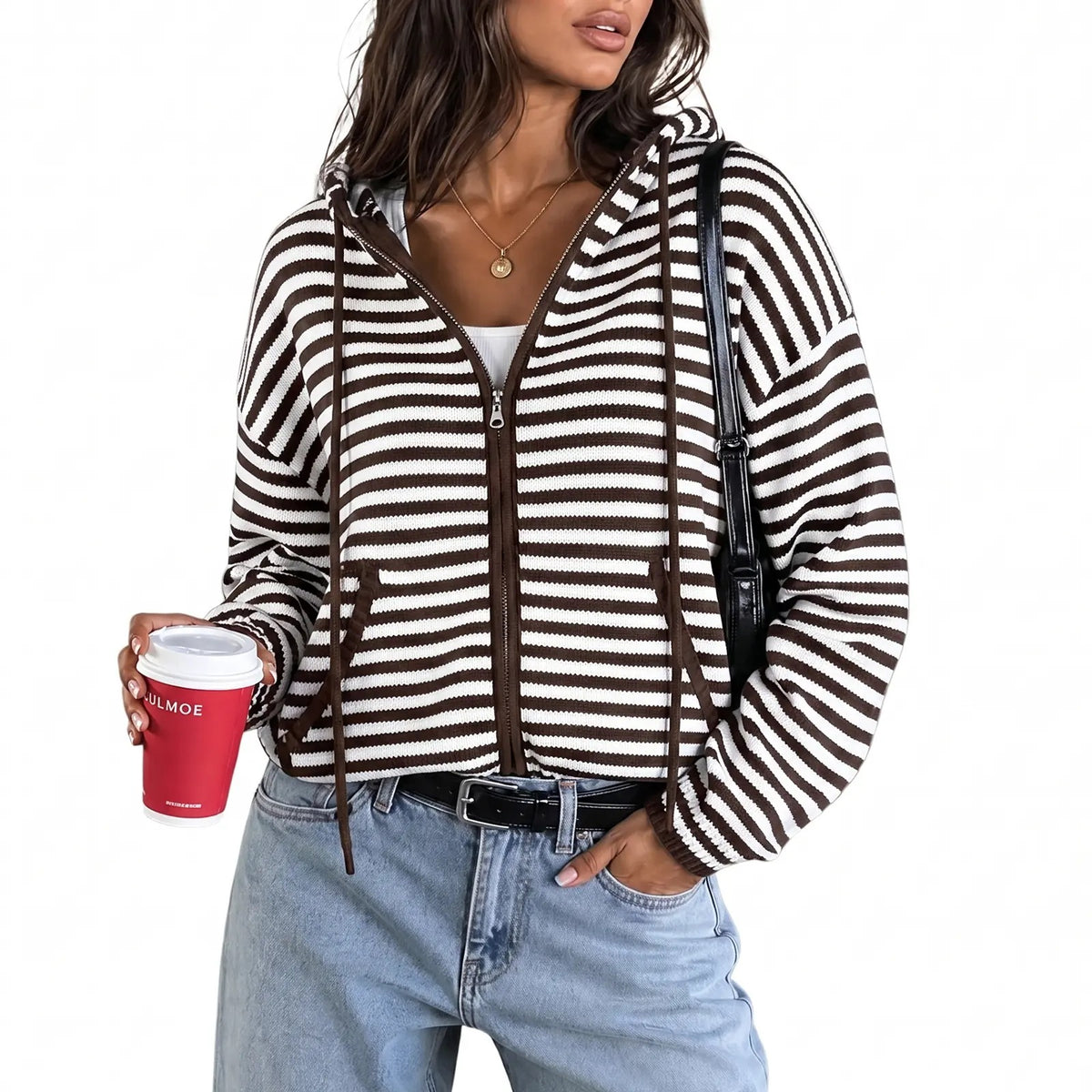 🔥Womens Striped Zip Up Hoodie Long Sleeve Cardigan Sweatshirts Oversized Crop Sweaters Jackets Y2K Fall Outfits🔥