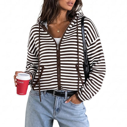 🔥Womens Striped Zip Up Hoodie Long Sleeve Cardigan Sweatshirts Oversized Crop Sweaters Jackets Y2K Fall Outfits🔥