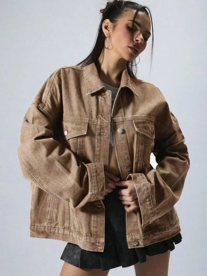 Women's Plain Basic Button-Front Drop-Shoulder Fitted Denim Jacket Coats, Casual Long-Sleeve Collared Pocket Outerwear for Daily Wear, Aesthetic Womenswear