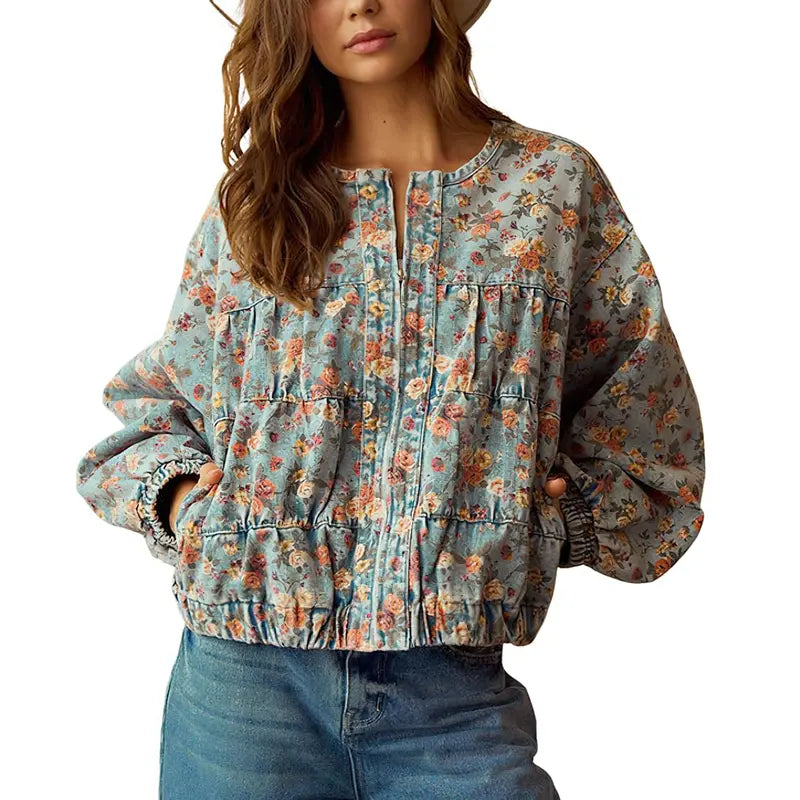Women's Spring & Autumn Floral Denim Jacket  Casual Loose Short Coat with Pockets