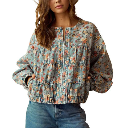 Women's Spring & Autumn Floral Denim Jacket  Casual Loose Short Coat with Pockets