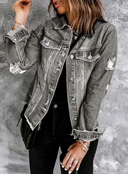 🔥Last day promotion⏰—Womens Washed Crop Denim Jacket With Pockets