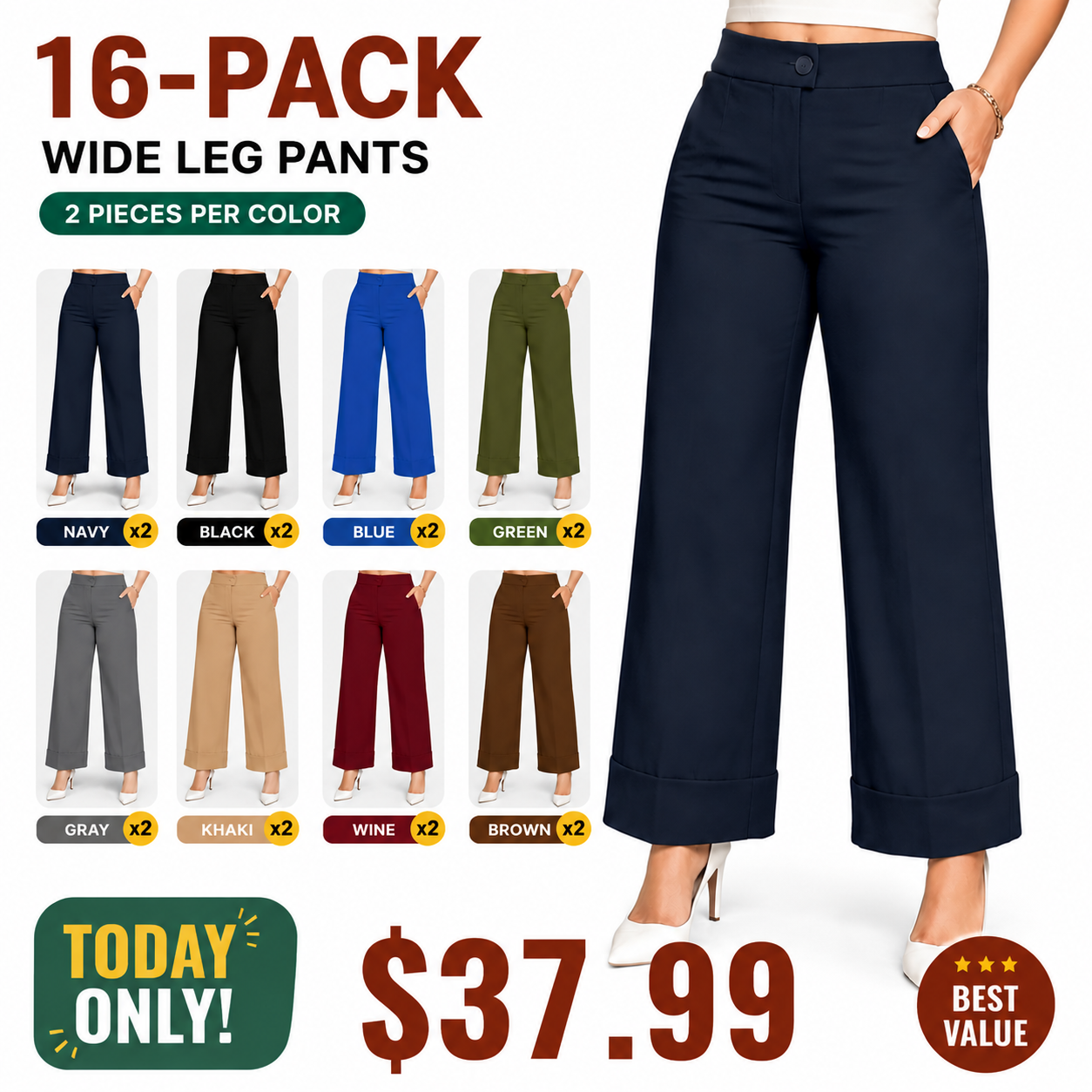 Women's Casual Solid Color Elastic Waist Button-Fly Pants