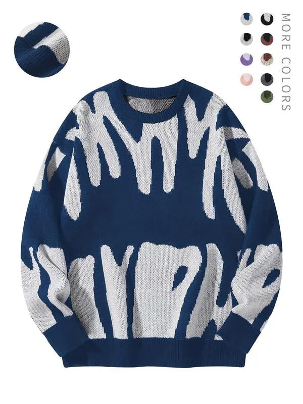 Unisex Men's Round Neck Drop Shoulder Hip Hop Sweater, Regular Fit All Over Print Long Sleeve Knitting Pullover, Drippy Outfits, Going Out Outfit