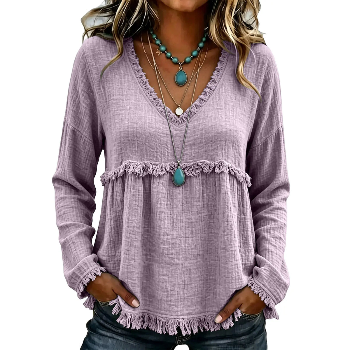 Women’s Boho V Neck Long Sleeve Fringe Top Plus Size