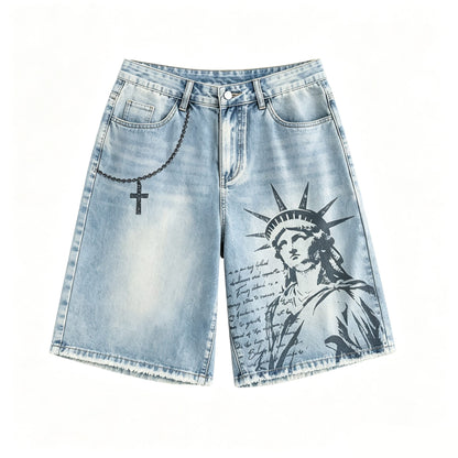American Style Statue of Liberty Print Summer Retro Denim Jeans Shorts