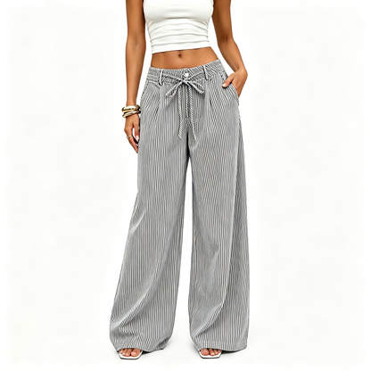 ⚡FINAL SALE⚡- Women's  Striped With Pockets Black Baggy Low Rise Wide Leg Pants