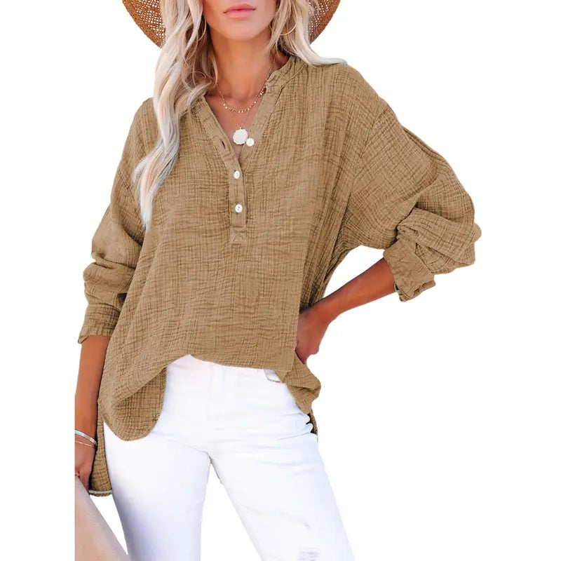 🔔Last Few Hours – Act Fast ! Womens Casual Button V Neck Long Sleeve Shirts Oversized Solid Blouses Tops