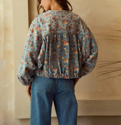 Women's Spring & Autumn Floral Denim Jacket  Casual Loose Short Coat with Pockets