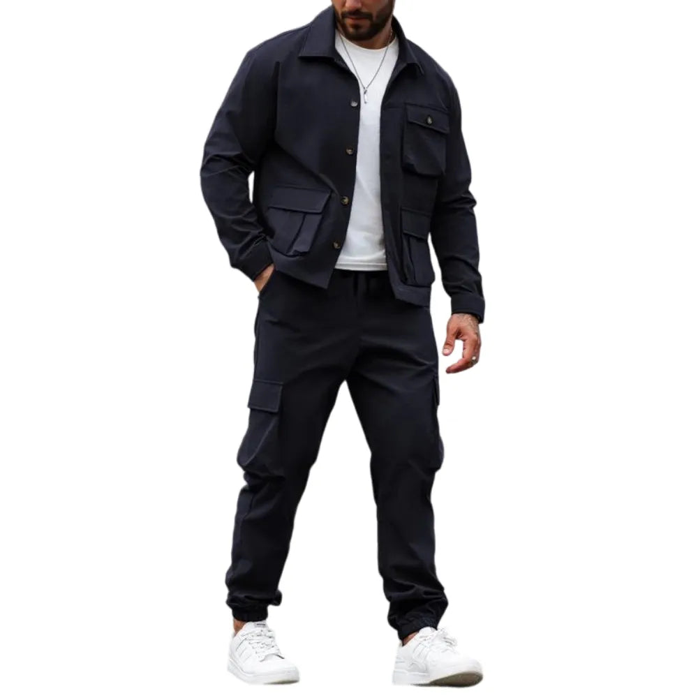 Men's Solid Color Pocket Button Front Shirt & Pants Two-Piece Set