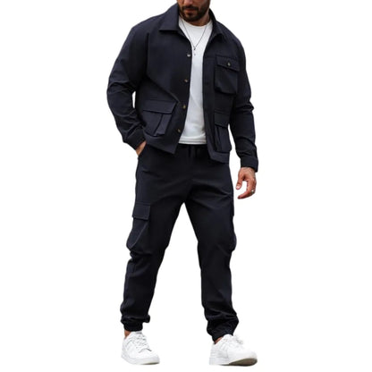 Men's Solid Color Pocket Button Front Shirt & Pants Two-Piece Set