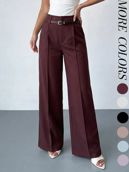 Women's Elastic Waist Solid Color Zipper Button Pocket Wide Leg Trouser Pants