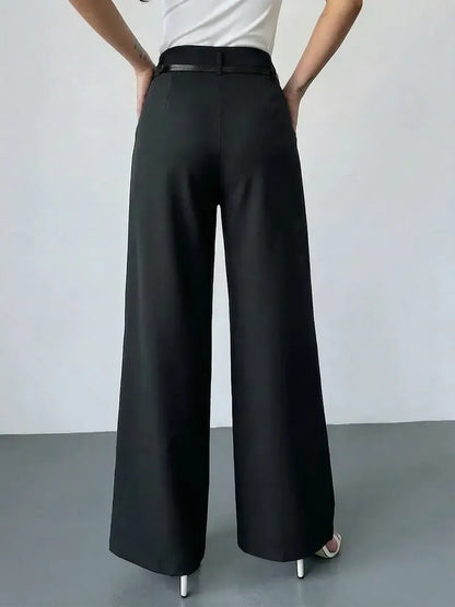 Women's Elastic Waist Solid Color Zipper Button Pocket Wide Leg Trouser Pants