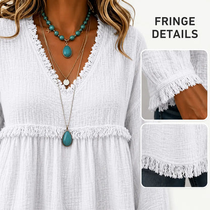 Women’s Boho V Neck Long Sleeve Fringe Top Plus Size